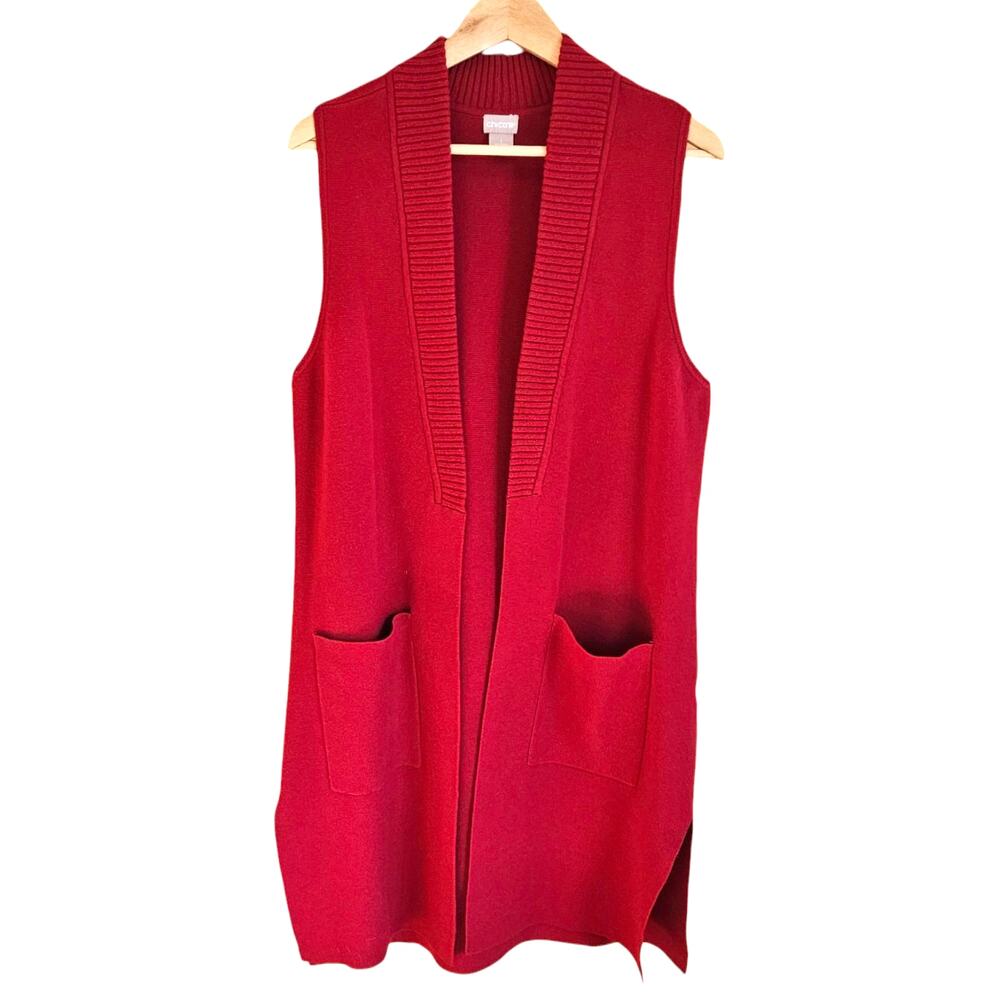 Chico's Long Red Open Front Vest Pockets Knit Women's Size 1 (Medium)